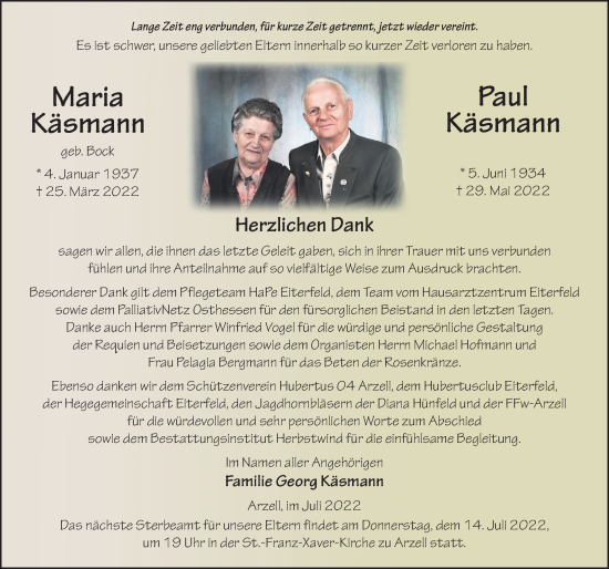 Traueranzeige von Maria und Paul Käsmann von FZ
