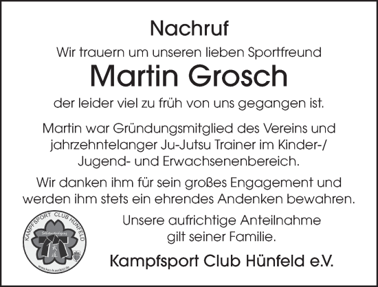 Traueranzeige von Martin Engelbert Grosch von FZ