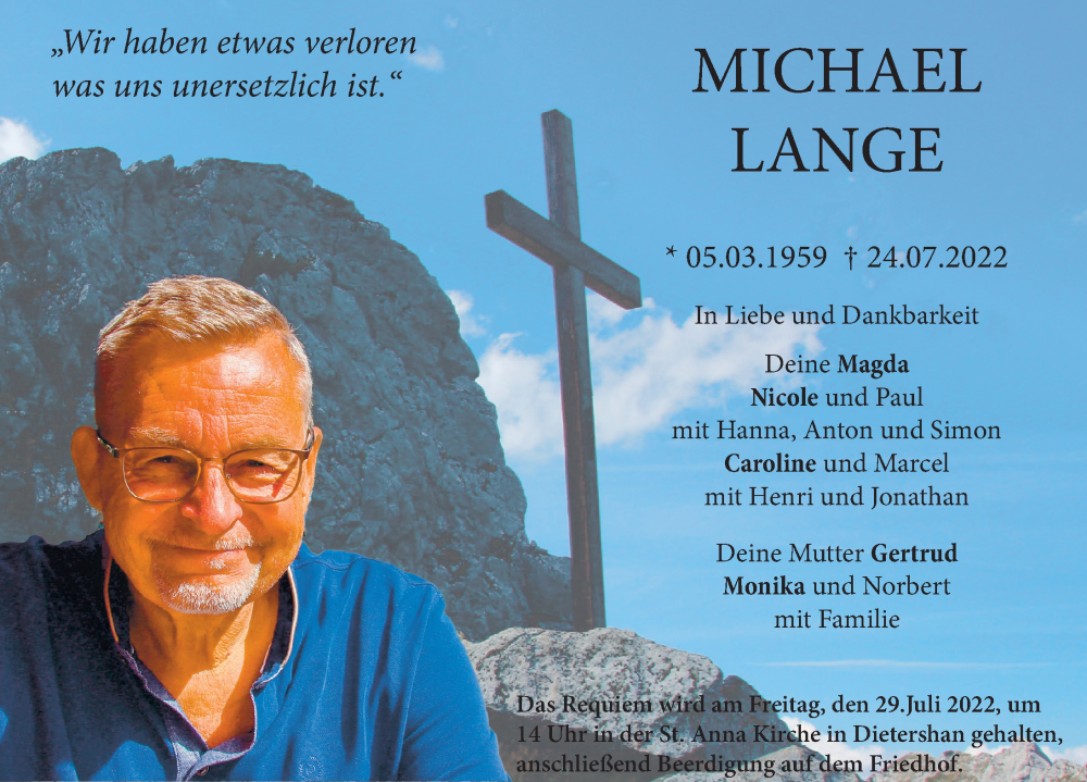  Traueranzeige für Michael Lange vom 27.07.2022 aus FZ