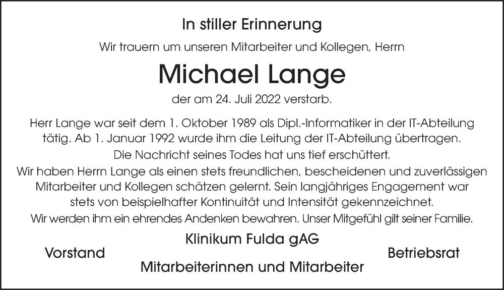  Traueranzeige für Michael Lange vom 27.07.2022 aus FZ