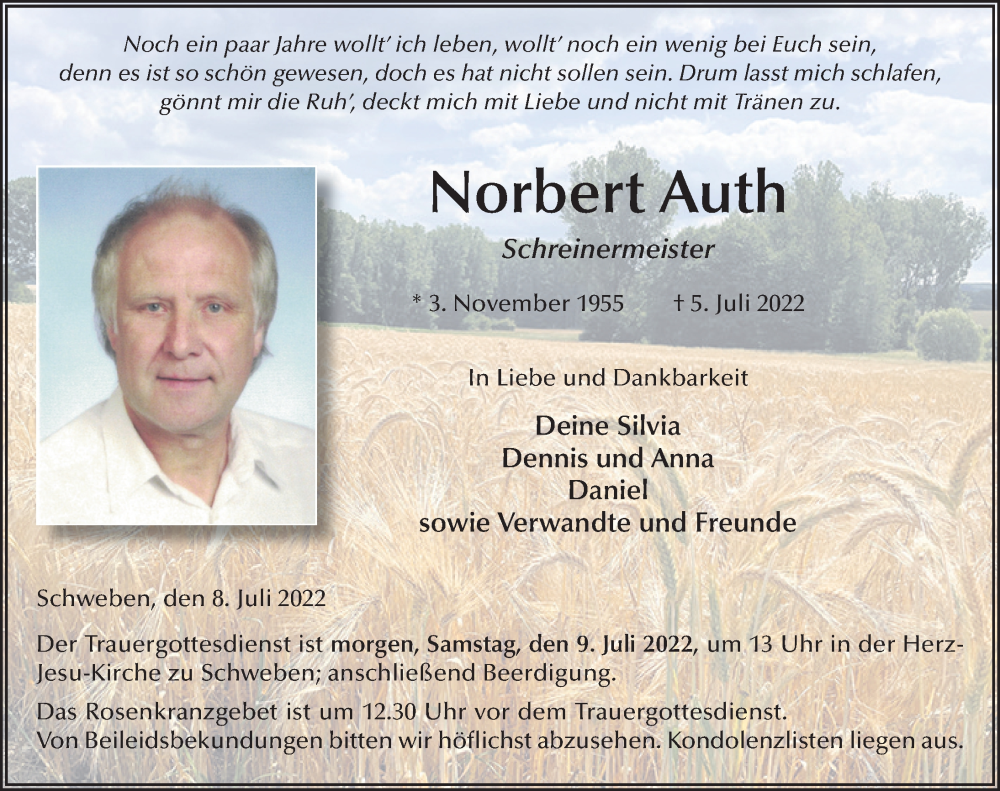  Traueranzeige für Norbert Auth vom 08.07.2022 aus FZ