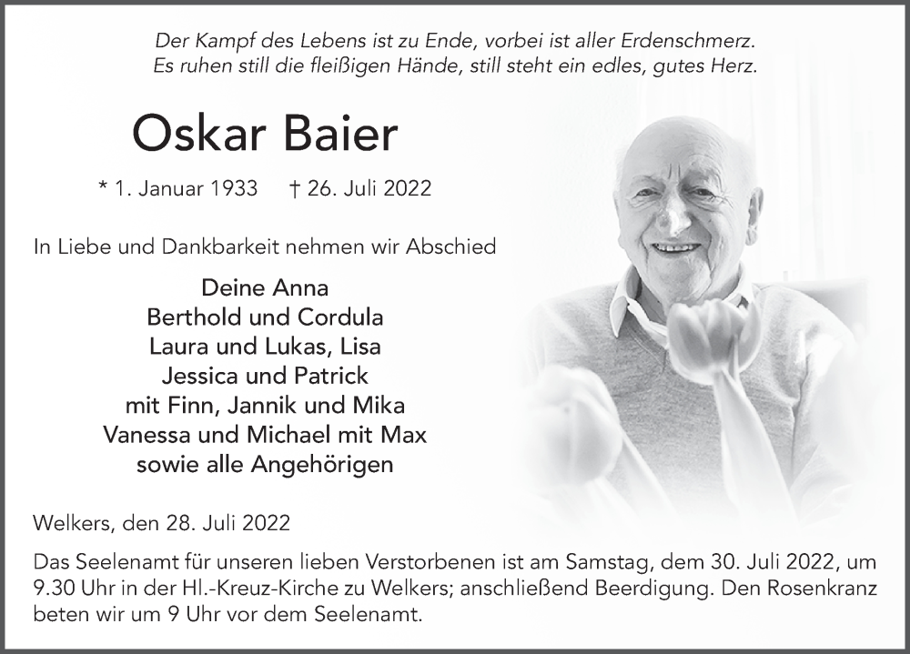 Traueranzeige für Oskar Baier vom 28.07.2022 aus FZ
