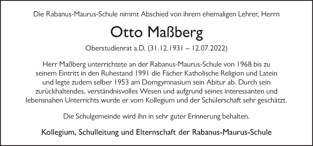  Traueranzeige für Otto Maßberg vom 30.07.2022 aus FZ