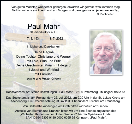 Traueranzeige von Paul Mahr von FZ