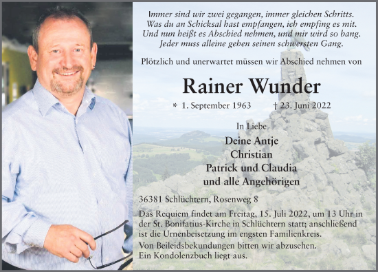 Traueranzeige von Rainer Wunder von FZ