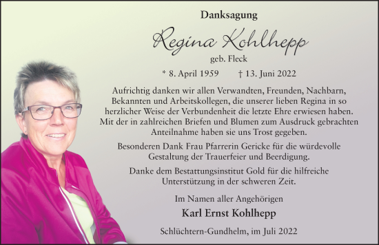 Traueranzeige von Regina Kohlhepp von FZ
