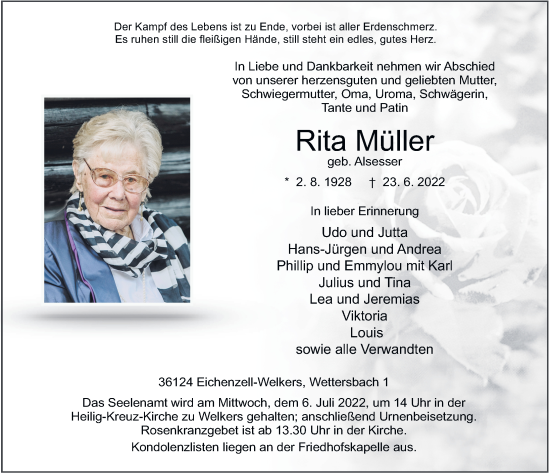 Traueranzeige von Rita Müller von FZ