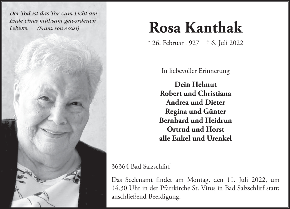  Traueranzeige für Rosa Kanthak vom 09.07.2022 aus FZ