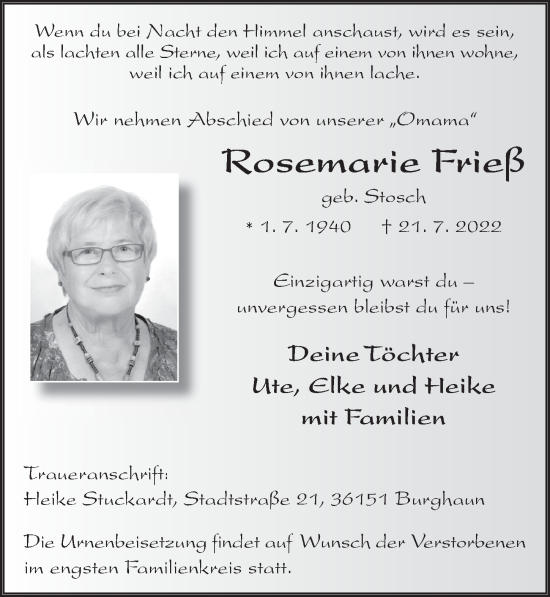 Traueranzeige von Rosemarie Frieß von FZ
