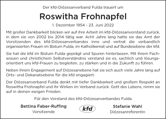 Traueranzeige von Roswitha Frohnapfel von FZ