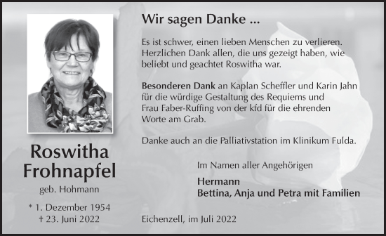 Traueranzeige von Roswitha Frohnapfel von FZ