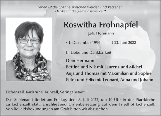 Traueranzeige von Roswitha Frohnapfel von FZ
