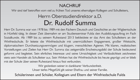 Traueranzeige von Rudolf Summa von FZ