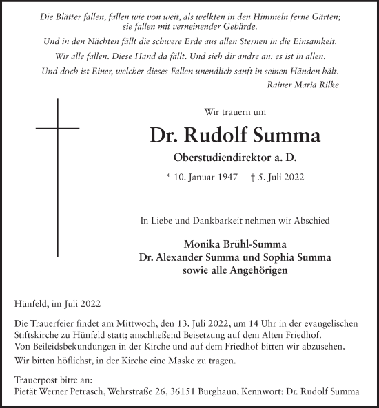 Traueranzeige von Rudolf Summa von FZ