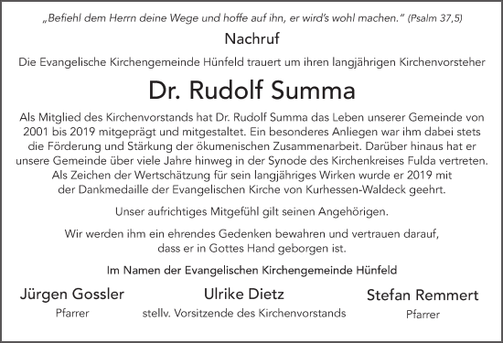 Traueranzeige von Rudolf Summa von FZ
