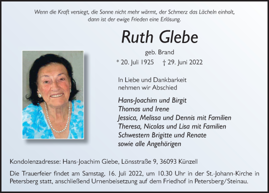 Traueranzeige von Ruth Glebe von FZ