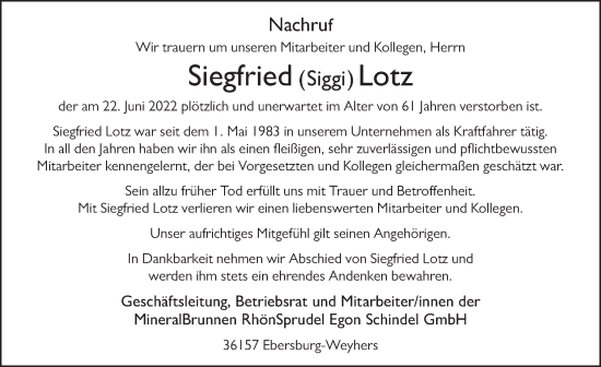 Traueranzeige von Siegfried Lotz von FZ
