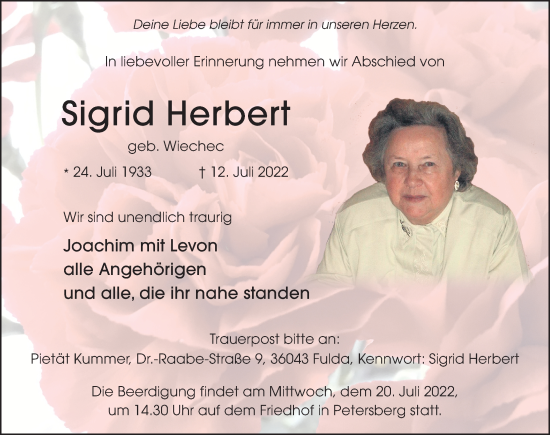 Traueranzeige von Sigrid Herbert von FZ