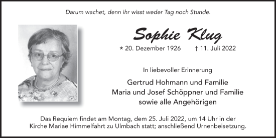 Traueranzeige von Sophie Klug von FZ