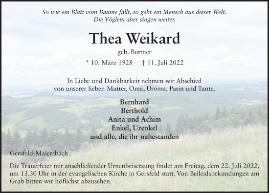 Traueranzeige von Thea Weikard von FZ