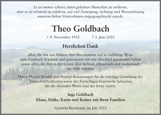 Traueranzeige von Theo Goldbach von FZ