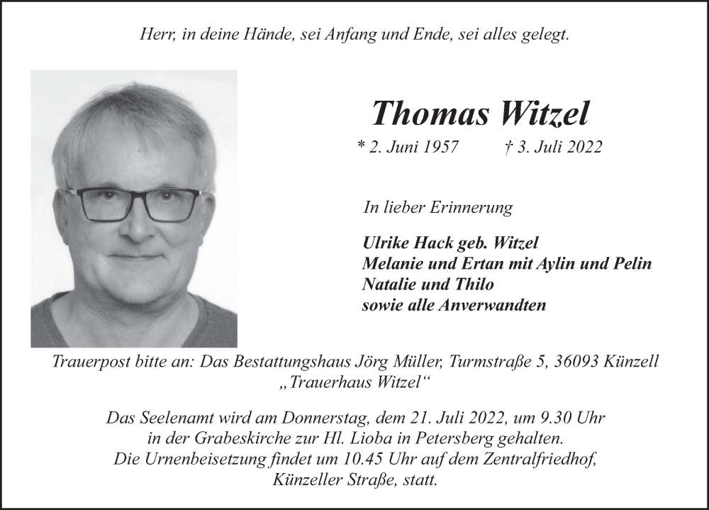  Traueranzeige für Thomas Witzel vom 18.07.2022 aus FZ