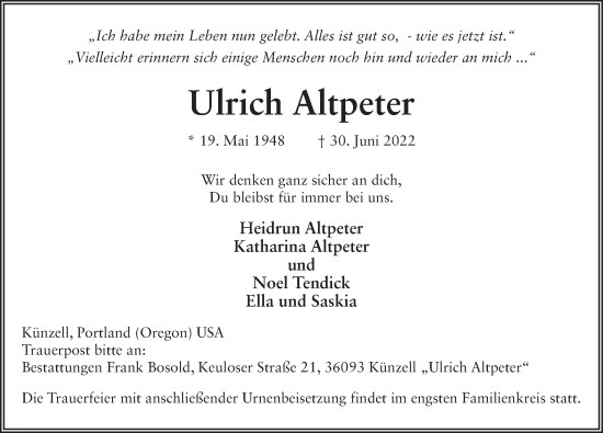 Traueranzeige von Ulrich Altpeter von FZ