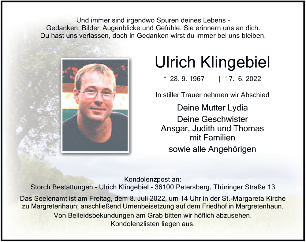  Traueranzeige für Ulrich Klingebiel vom 05.07.2022 aus FZ
