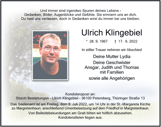 Traueranzeige von Ulrich Klingebiel von FZ