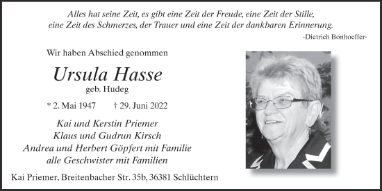 Traueranzeige von Ursula Hasse von FZ