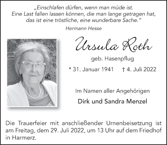 Traueranzeige von Ursula Roth von FZ