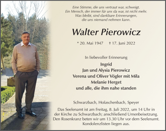 Traueranzeige von Walter Pierowicz von FZ