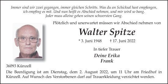 Traueranzeige von Walter Spitze von FZ