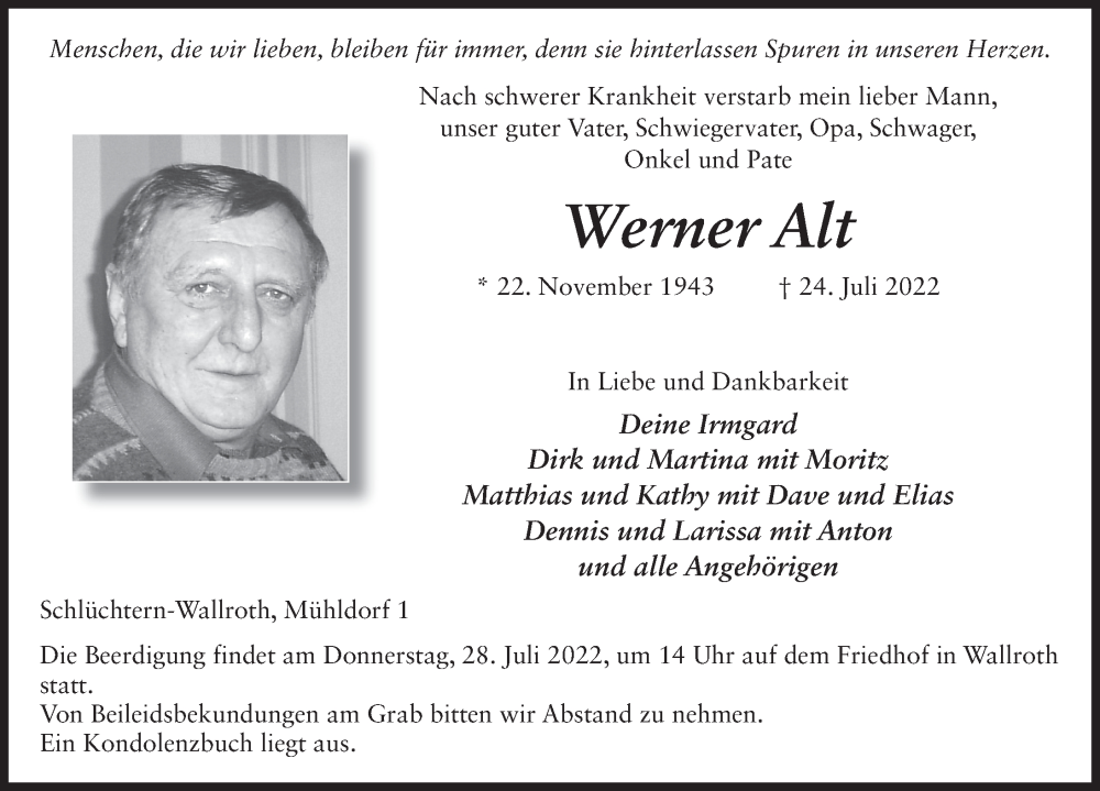  Traueranzeige für Werner Alt vom 26.07.2022 aus FZ