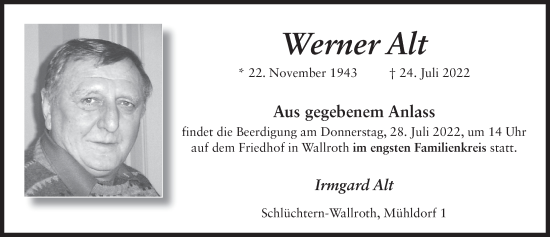 Traueranzeige von Werner Alt von FZ