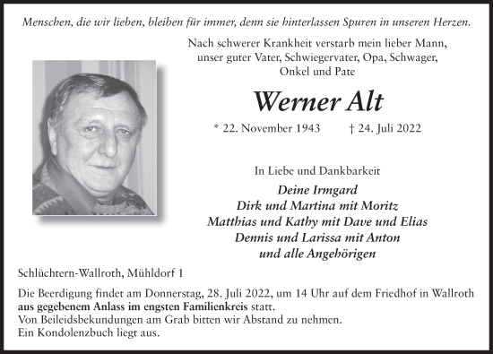 Traueranzeige von Werner Alt von FZ