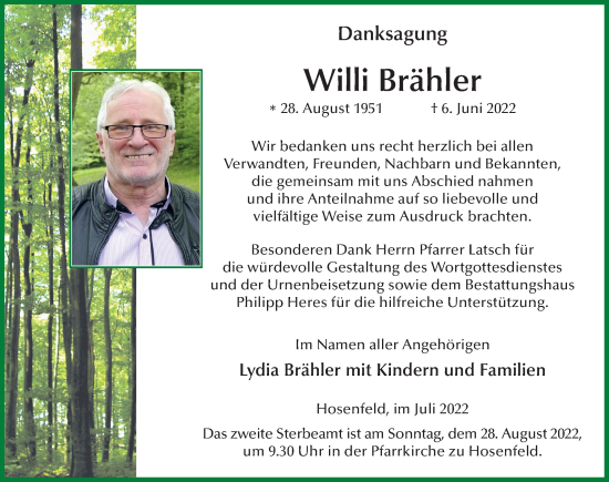 Traueranzeige von Willi Brähler von FZ