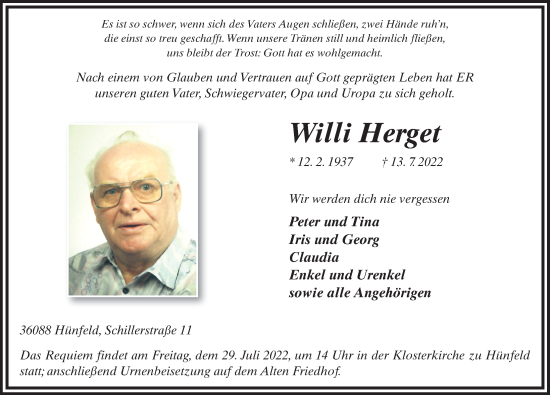 Traueranzeige von Willi Herget von FZ
