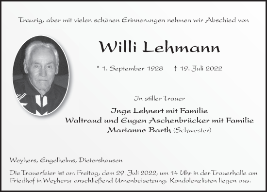 Traueranzeige von Willi Lehmann von FZ