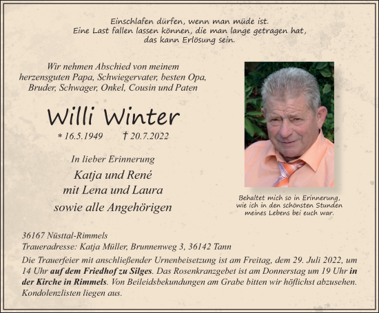 Traueranzeige von Willi Winter von FZ