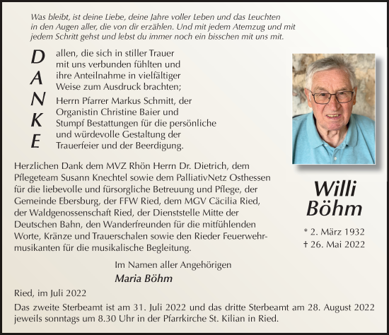 Traueranzeige von Willy Böhm von FZ