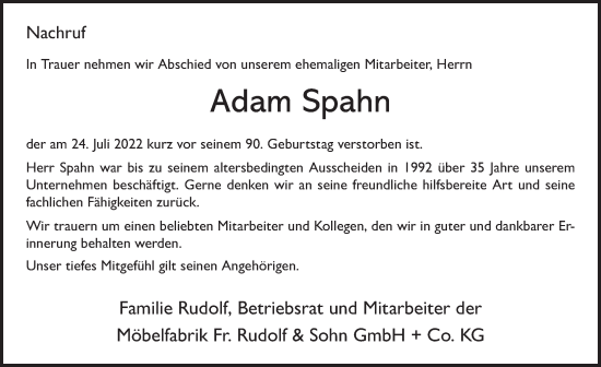 Traueranzeige von Adam Spahn von FZ