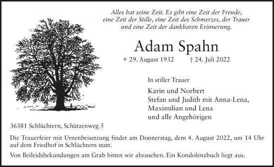 Traueranzeige von Adam Spahn von FZ