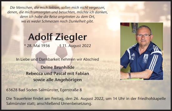 Traueranzeige von Adolf Ziegler von FZ