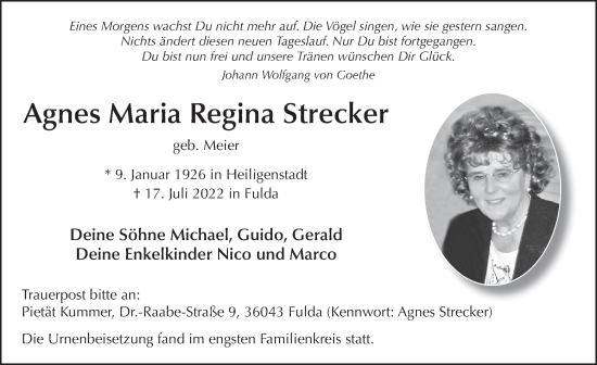 Traueranzeige von Agnes Maria Regina Strecker von FZ