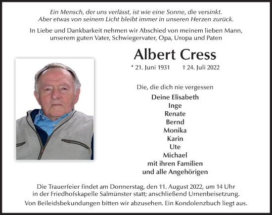 Traueranzeige von Albert Cress von FZ