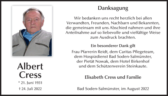 Traueranzeige von Albert Cress von FZ