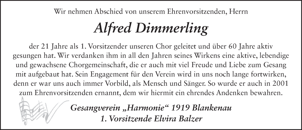  Traueranzeige für Alfred Dimmerling vom 30.08.2022 aus FZ