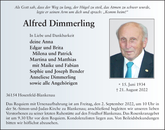 Traueranzeige von Alfred Dimmerling von FZ