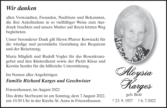Traueranzeige von Aloysia Karges von FZ